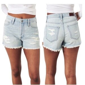 Hollister Womens Hi Rise Mom Light Blue Button Fly Distressed Denim Shorts 7